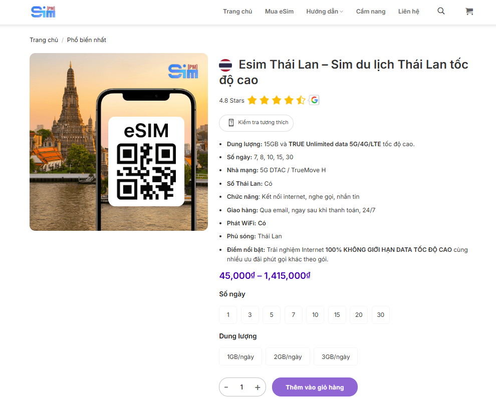 Thailand travel eSIM plans at SimPM